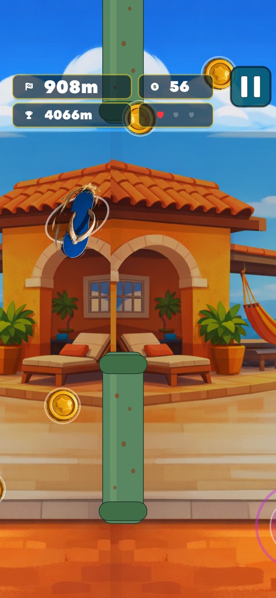Tap Flip Flop gameplay with pipes and coins